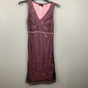 Marina Cocktail Midi Dress Women's Size 8 Pink Black Beaded Sheer Overlay